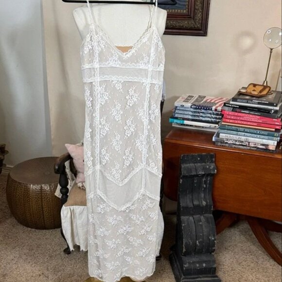 Jessica McClintock White Laace w. Cream Lining Trim Slip Midi Dress womens 2 - Picture 1 of 5
